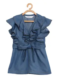 KIDKLO Girls Blue Solid Sheath Denim Dress