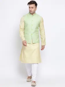 NAMASKAR Men Yellow & White Self Design Kurta with Pyjamas & Nehru Jacket