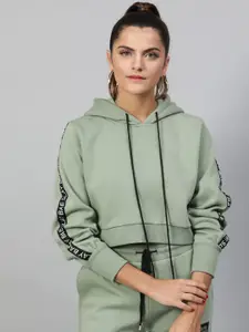 STREET 9 Women Sage Green Solid Hooded Crop Sweatshirt