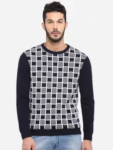 Red Chief Men Navy Blue & Grey Checked Sweater