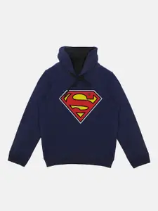 Superman Boys Navy Blue Printed Hooded Sweatshirt With Attached Face Covering