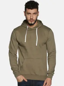 Instafab Men Olive Green Solid Hooded Sweatshirt