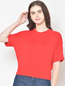 Cation Women Coral Red Solid Pure Cotton Top
