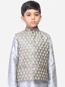 NAMASKAR Boys Silver-Coloured & Beige Woven Design Nehru Jacket