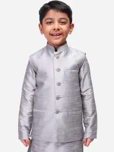 NAMASKAR Boys Silver-Coloured Solid Nehru Jacket