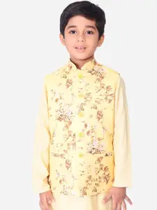 NAMASKAR Boys Yellow & Brown Floral Print Woven Nehru Jacket
