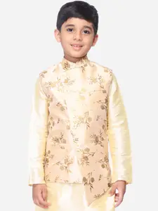 NAMASKAR Boys Peach-Coloured & Brown Woven-Design Silk Nehru Jacket