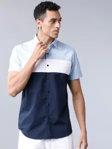 HIGHLANDER Men Blue & White Slim Fit Colourblocked Casual Shirt