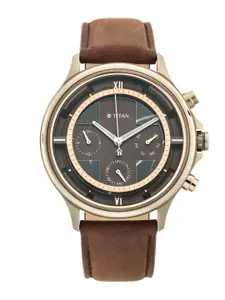 Titan Men Brown & Gold-Toned Leather Analogue Watch 1846QL01