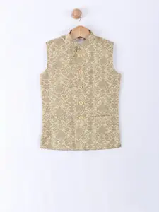 NAMASKAR Boys Beige & Brown Woven-Design Silk Nehru Jacket