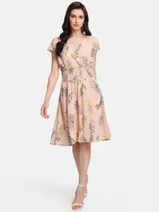 Kazo Women Peach-Coloured Floral Printed Fit and Flare Dress