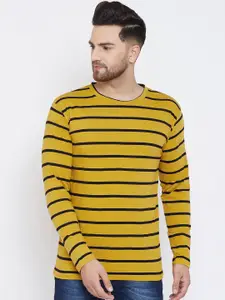 Hypernation Men Yellow & Black Striped Round Neck T-shirt