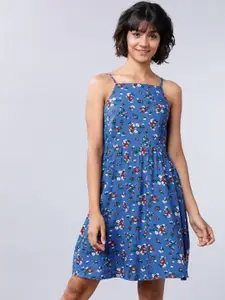 Tokyo Talkies Women Blue Printed Fit and Flare Dress