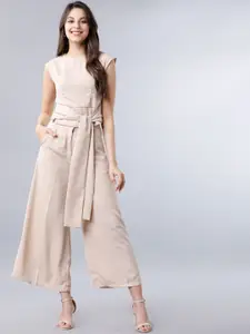 Tokyo Talkies Women Beige Solid Belted Top With Flared Trousers