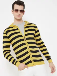 JUMP USA Men Yellow & Black Striped Hood Acrylic Sweater