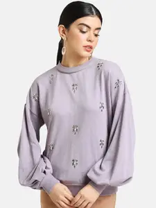 Kazo Women Lavender Embellished Sweatshirt