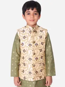 NAMASKAR Boys Beige & Blue Woven-Design Nehru Jacket