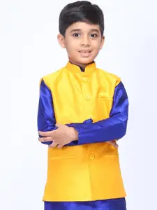 NAMASKAR Boys Yellow Solid Woven Nehru Jacket