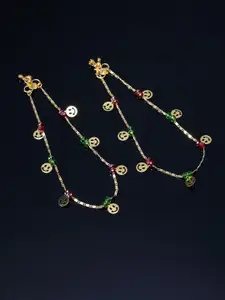 PANASH Set Of 2 Green & Red Gold-Plated Beaded Handcrafted Anklets