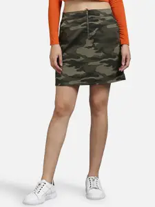 The Dry State Women Olive Green & Grey Camoflouge Printed Straight Pure Cotton Skirt