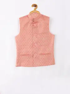 NAMASKAR Boys Pink & Gold-Coloured Woven Design Nehru Jacket
