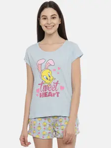 Snarky Gal Women Blue & Yellow Official Looney Tunes Tweety Printed Night Suit