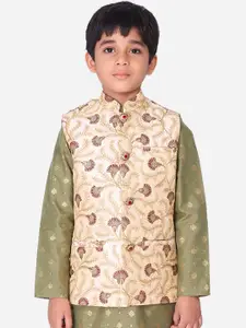 NAMASKAR Boys Beige & Maroon Zari Embroidered Woven Design Nehru Jacket