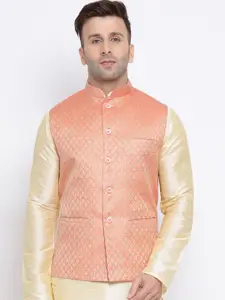 NAMASKAR Men Pink & Gold Woven Design Nehru Jacket