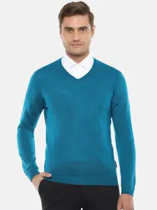 Van Heusen Men Blue Solid Woolen Pullover Sweater