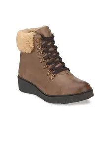 Delize Women Brown Solid Leather Mid-Top Flat Boots