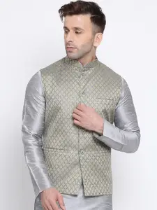 NAMASKAR Men Silver-Toned & Green Woven Design Nehru Jacket
