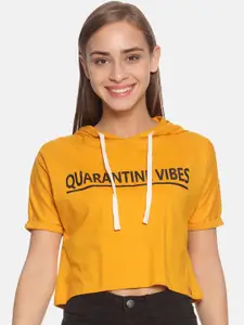 Campus Sutra Women Mustard Yellow Printed Hooded Crop Pure Cotton Top