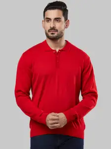 Raymond Men Red Solid Polo Collar Pullover Sweater
