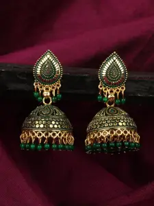 ANIKAS CREATION Green & Gold-Toned Leaf Shaped Jhumkas