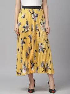 KASSUALLY Mustard Yellow Floral Printed Accordion Pleat Midi Flared Skirt