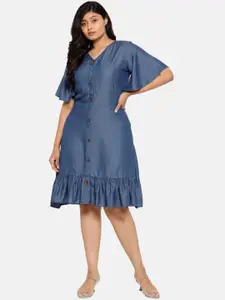 The Pink Moon Women Denim Blue Solid A-Line Dress