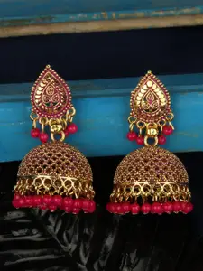 ANIKAS CREATION Magenta & Gold-Plated Dome Shaped Jhumkas