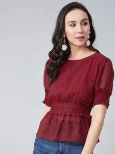 Marie Claire Women Maroon Self Design Cinched Waist Top
