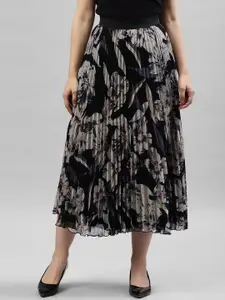 KASSUALLY Women Black & Beige Printed Flared Midi Skirt