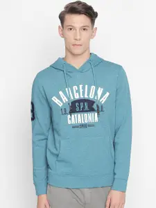 Basics Men Turquoise Blue Printed Hooded Sweatshirt