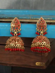 ANIKAS CREATION Red & Gold-Plated Dome Shaped Jhumkas