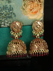 ANIKAS CREATION Gold-Plated & Maroon Dome Shaped Jhumkas