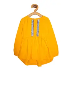 KiddoPanti Girls Yellow Self Design A-Line Pure Cotton Top