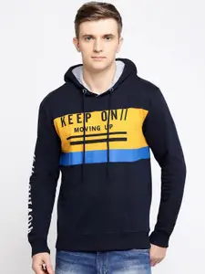 Maniac Men Navy Blue & Yellow Printed Hooded Sweatshirt