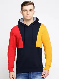 Maniac Men Navy Blue & Red Colourblocked Hooded Sweatshirt