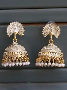 ANIKAS CREATION White & Gold-Toned Dome Shaped Jhumkas