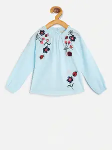 Cherry Crumble Girls Blue Floral Embroidered Top