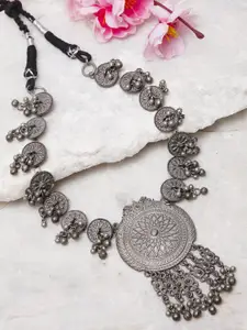 Moedbuille Silver-Toned Ghungroo Studded Tasselled Tribal Look Antique Oxidised Necklace