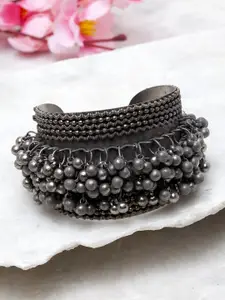 Moedbuille Moedbuille Gunmetal-Toned Beads Studded Tribal Look Filigree Work Oxidised Cuff Bracelet