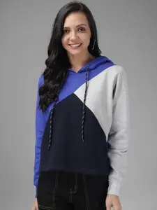 Kotty Women Blue & Black Colourblocked Hooded Sweatshirt